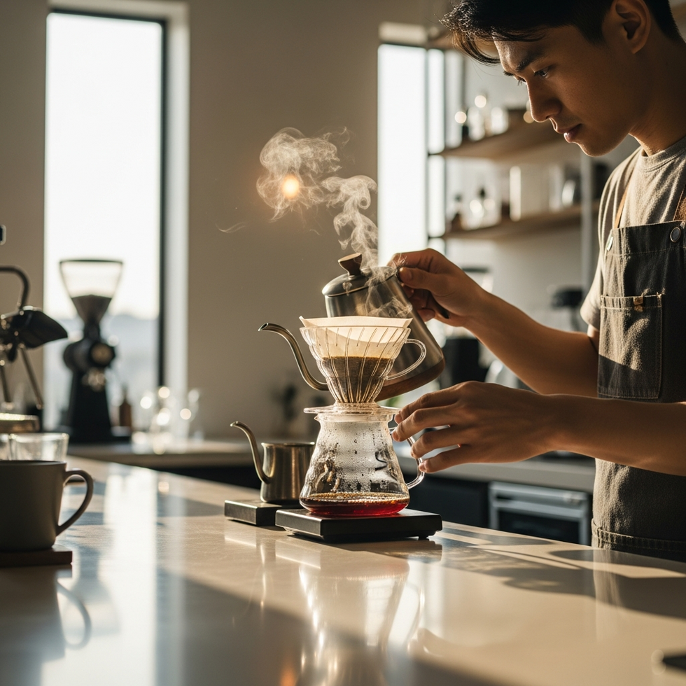 a barista adjusting a pour-over coffee setup with precise control over flow and temperature