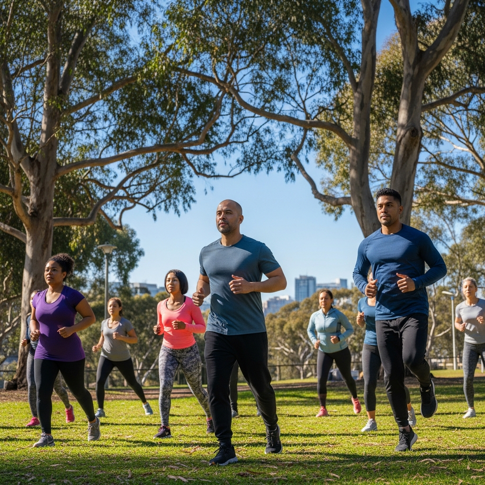 A group of diverse adults engaging in a community workout session outdoors, illustrating social and physical activity.