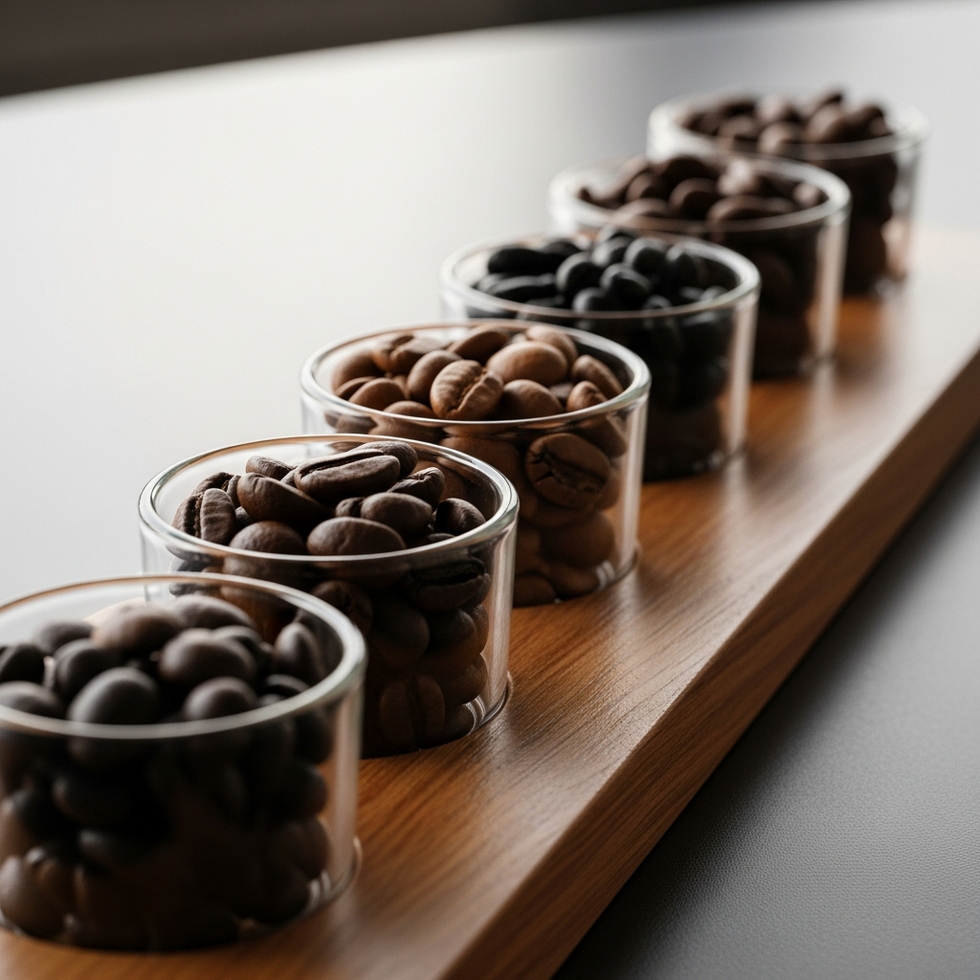 a tasting flight of different coffee beans displaying various roast levels and flavor notes