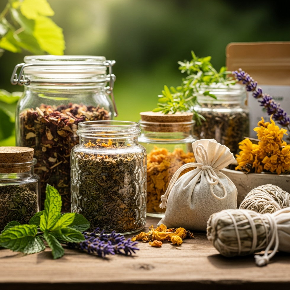 Close-up of hand-crafted herbal wellness products displayed in a natural setting
