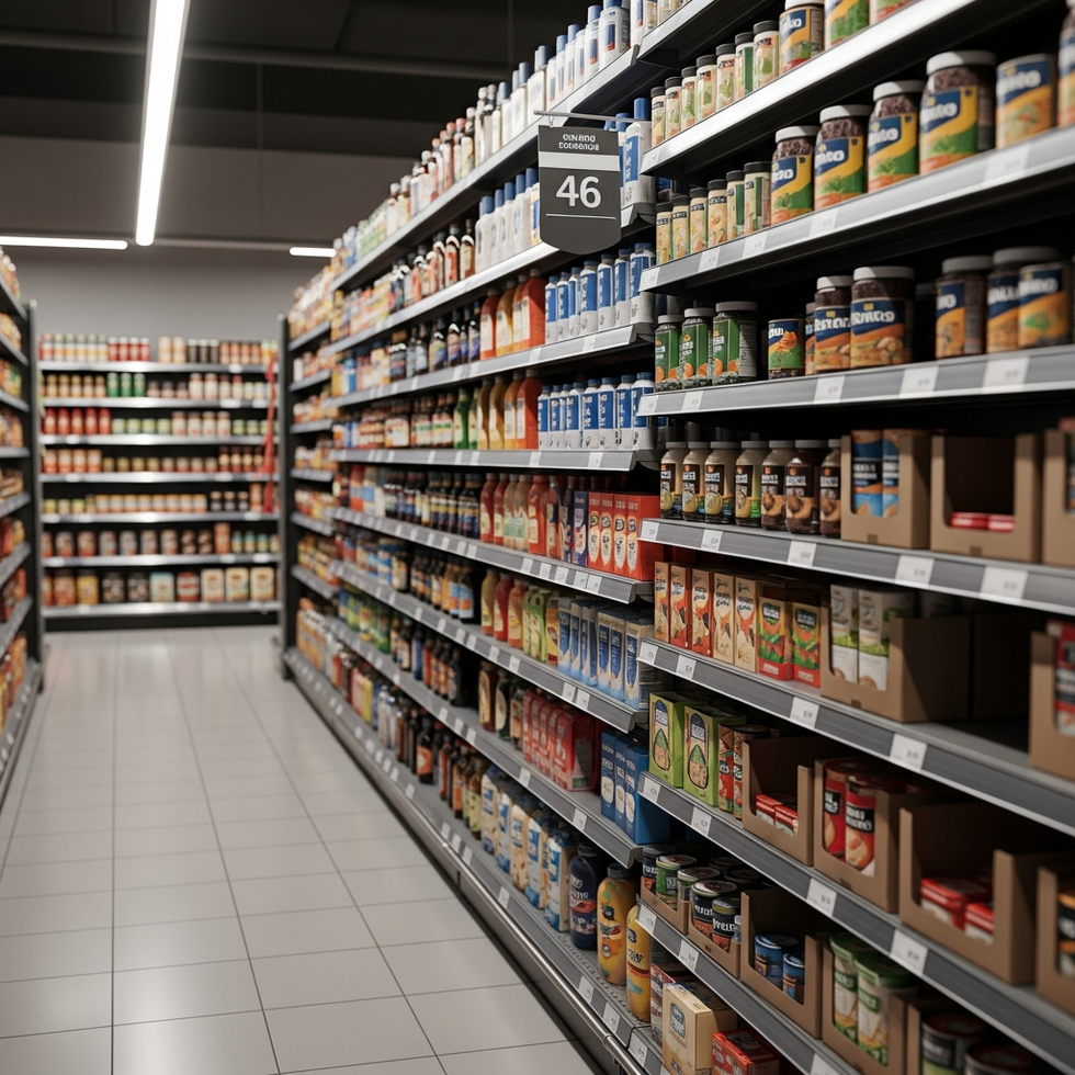 An image of a supermarket aisle filled with discount and generic brand products, emphasizing cost-saving strategies