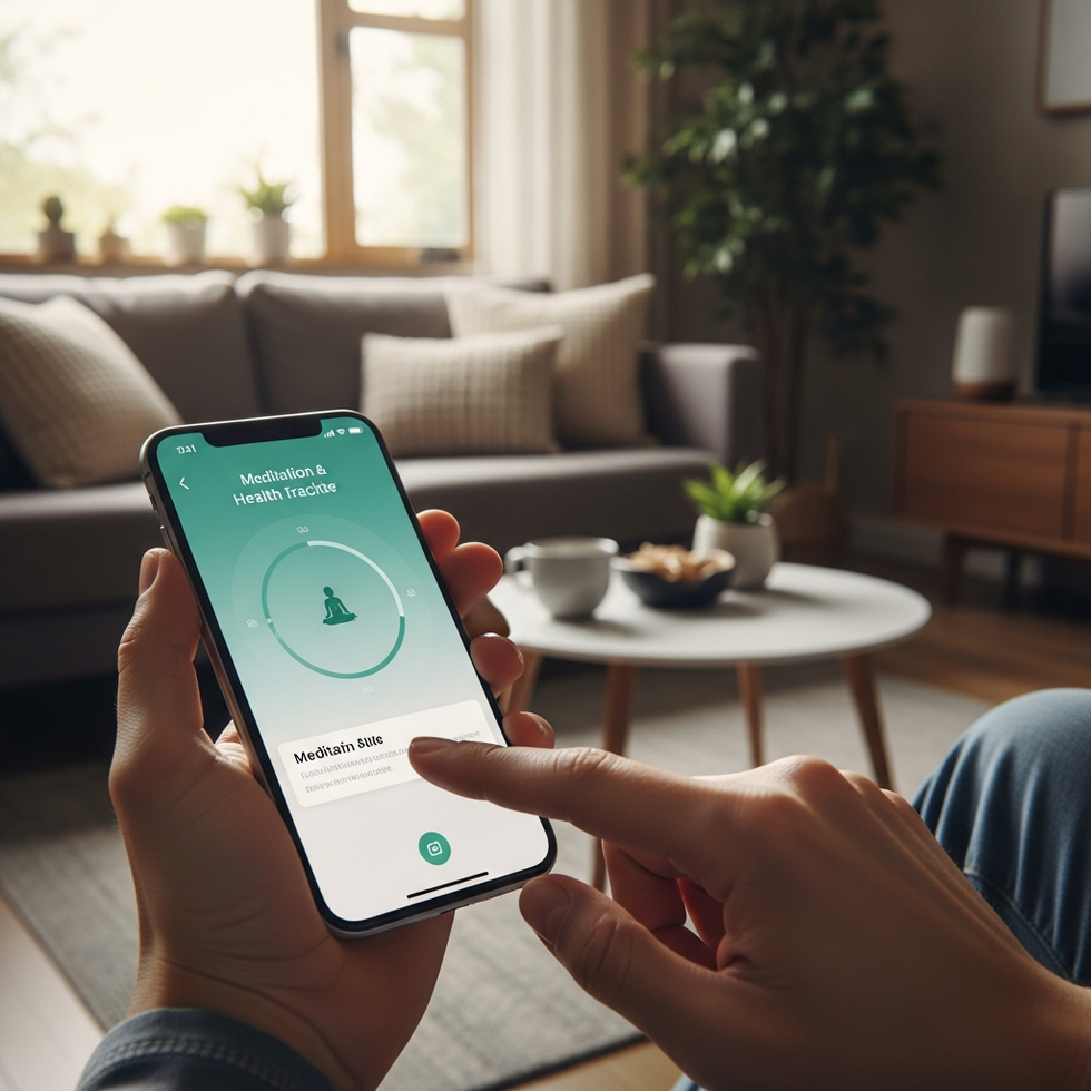 Close-up of a person's hand using a smartphone app for meditation and health tracking amidst a cozy, modern living space.