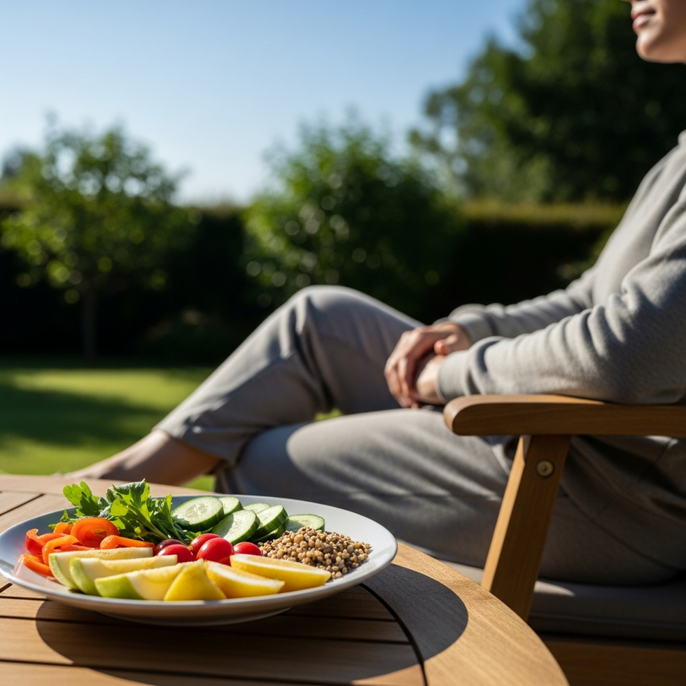Image of a healthy meal and a person relaxing in the morning sun, symbolizing lifestyle adaptation.