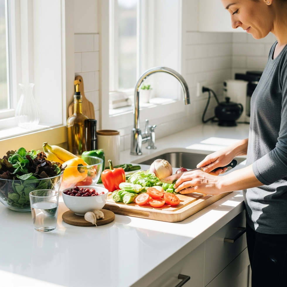 A person preparing a healthy meal in a bright kitchen, embodying the importance of good nutrition.