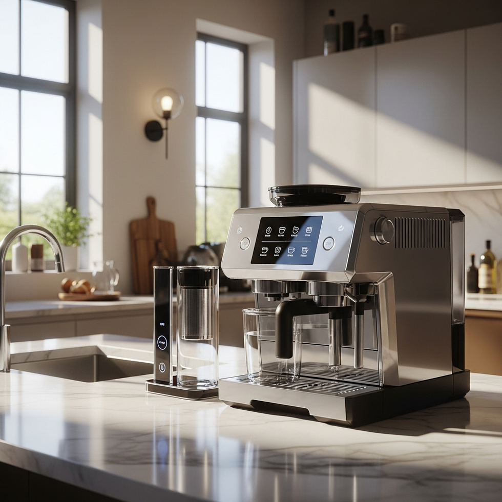 a modern kitchen setup with a high-tech coffee maker and a digital tea infuser