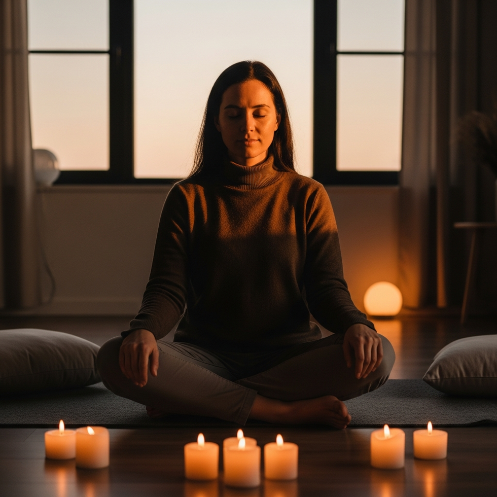 a peaceful person meditating at sunset with candles around