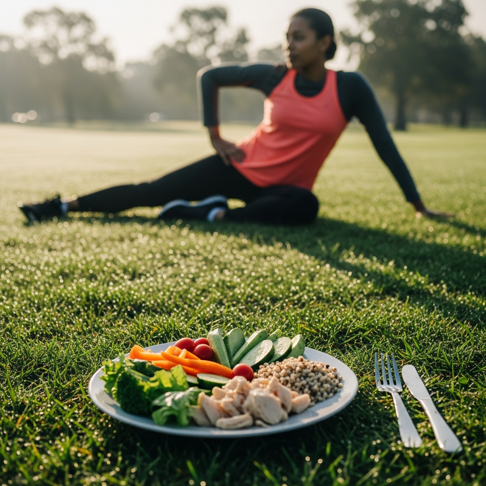 Image of a person exercising outdoors in the morning and healthy meal on a plate, highlighting lifestyle improvements.