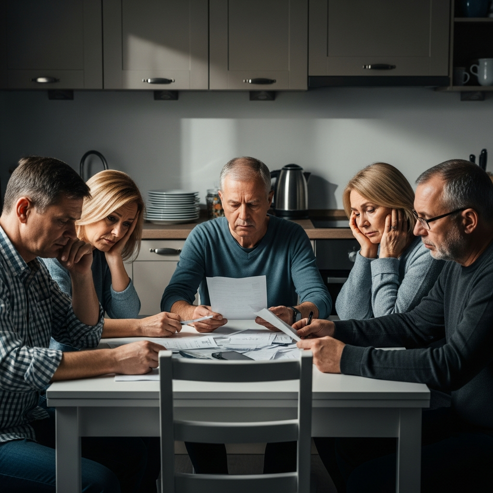 An image of a worried family looking over bills at their kitchen table, illustrating the financial stress caused by rising costs