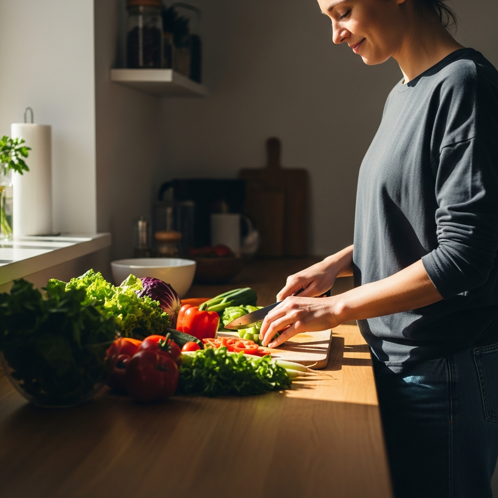 An encouraging person adding vegetables to their diet and stretching before bed, with vibrant, healthy lifestyle imagery