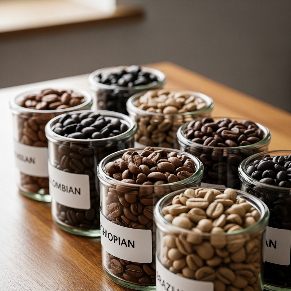 Display of a variety of coffee beans from different origins with labels
