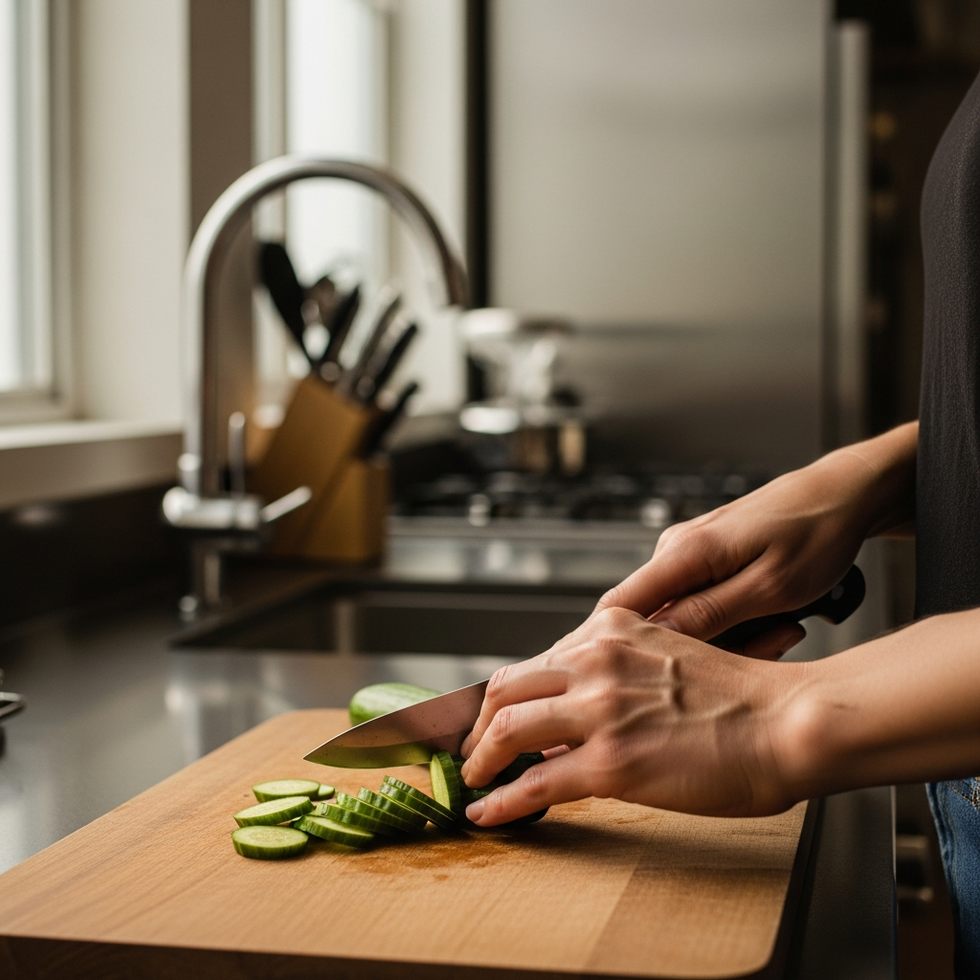 Close-up of a person measuring out vegetables while preparing a healthy meal in a modern kitchen
