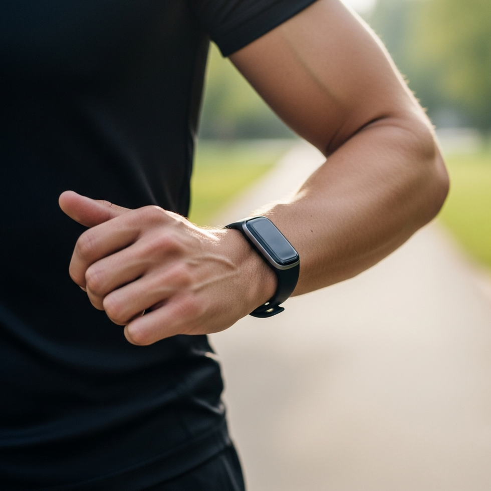 A person using a fitness tracker while working out outdoors, showcasing technology supporting health and wellness