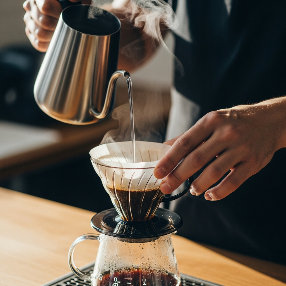 Close-up of a barista pouring hot water over coffee grounds in a pour-over setup