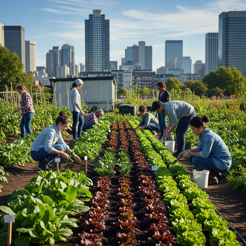 An urban community garden with people planting vegetables, illustrating sustainable and eco-friendly lifestyle choices