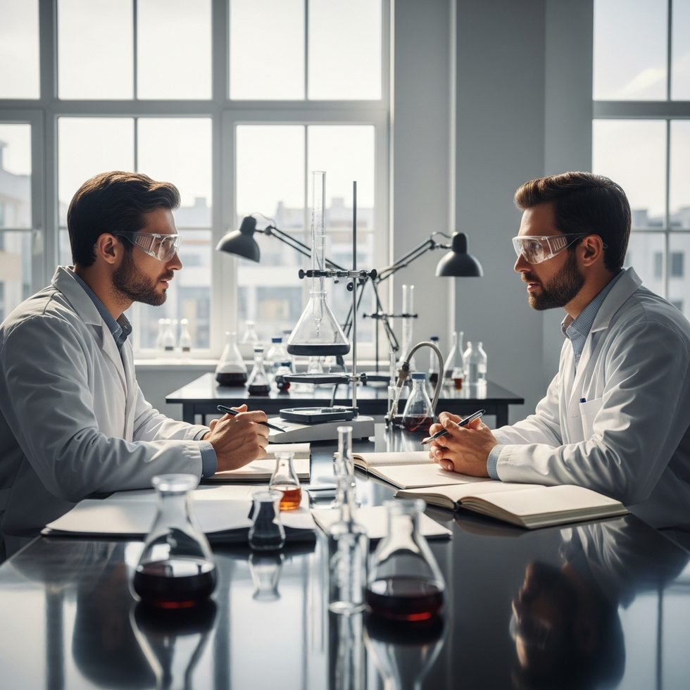 scientists discussing ethical issues of genetics in a lab setting