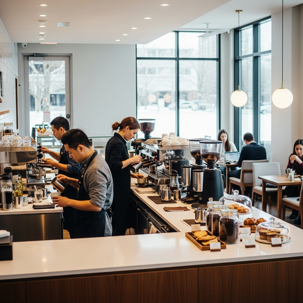A modern coffee shop interior with baristas preparing drinks and a relaxed atmosphere