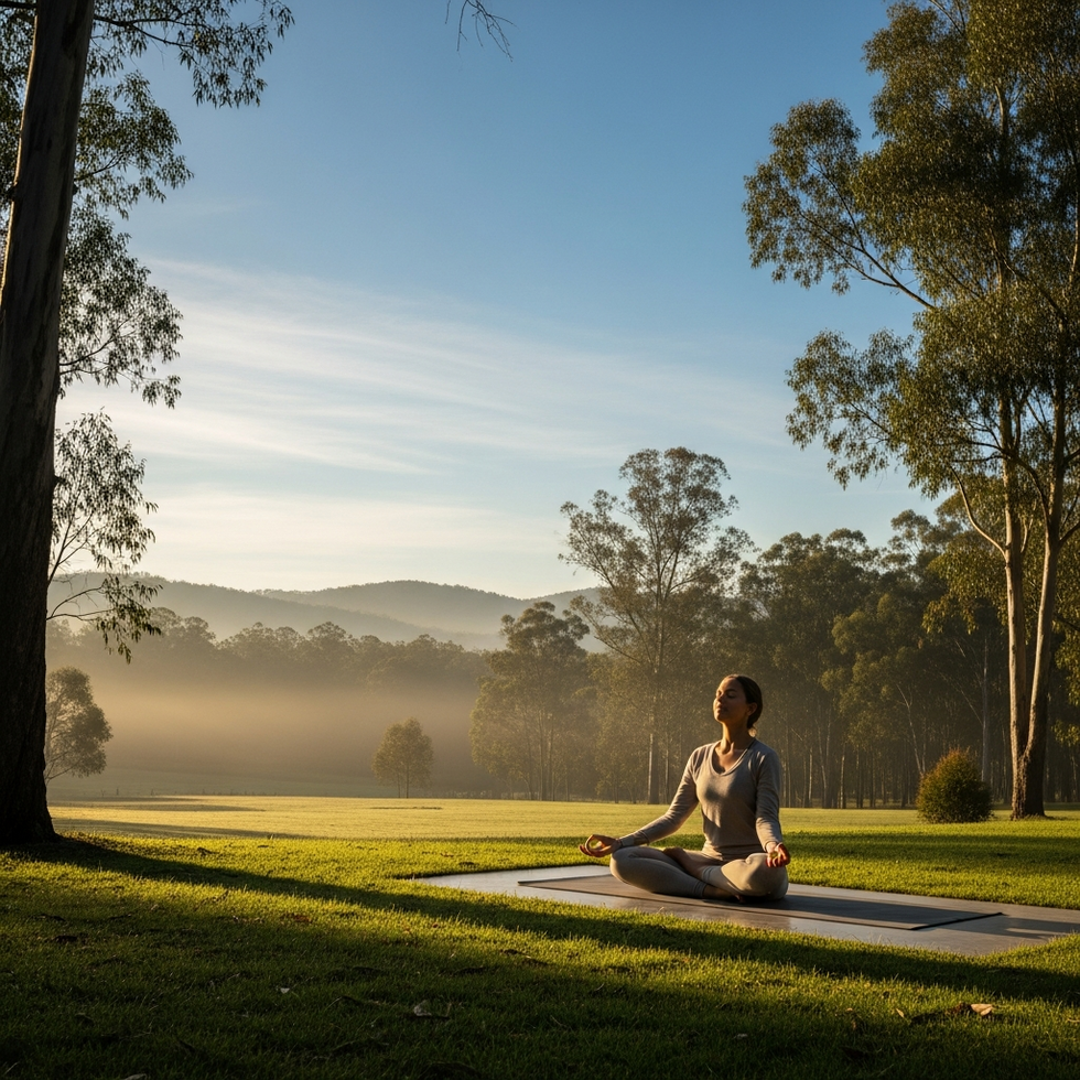 A serene outdoor scene of someone practicing yoga at sunrise surrounded by nature, symbolizing mindfulness and holistic wellness