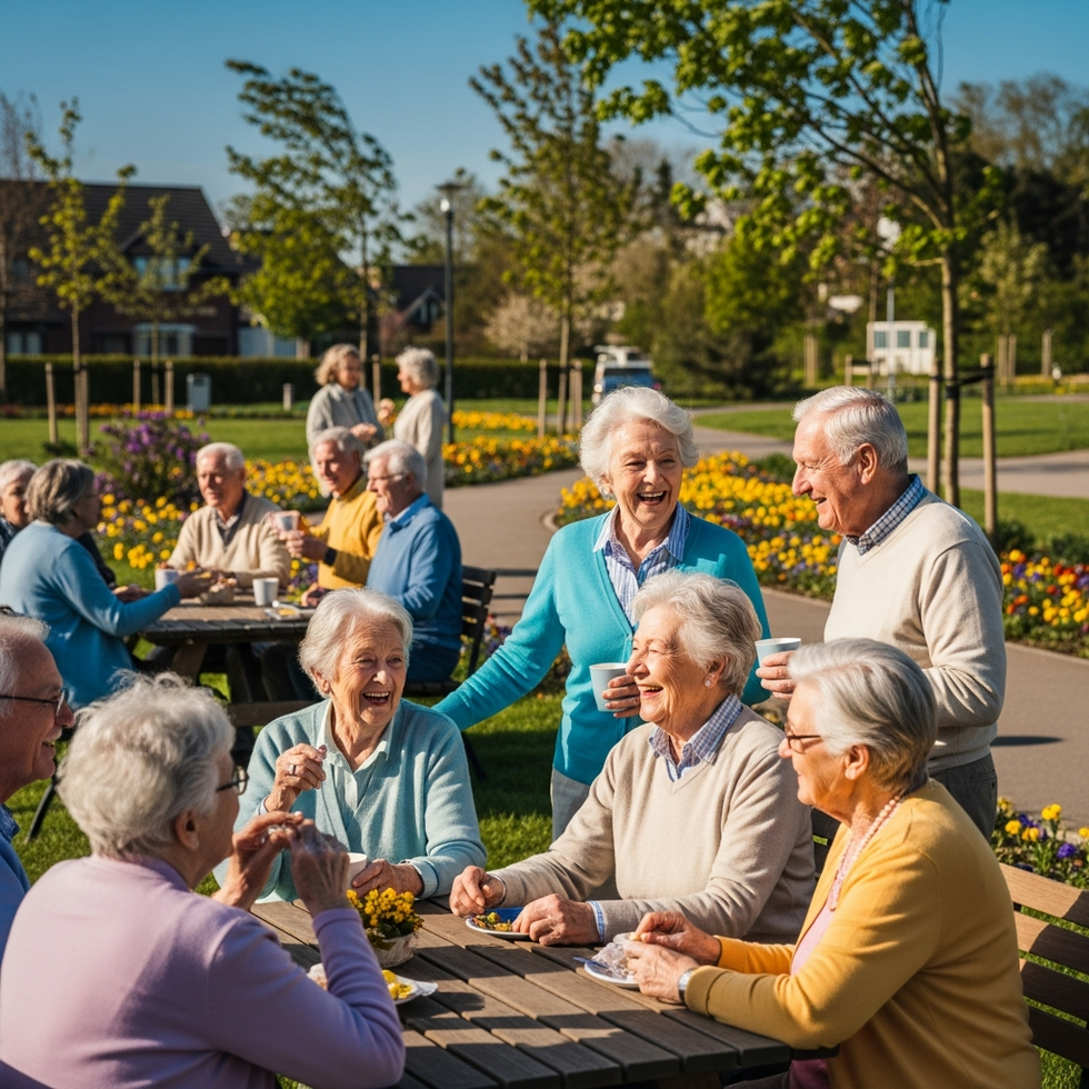 elderly people engaging in social activities in a lively community setting