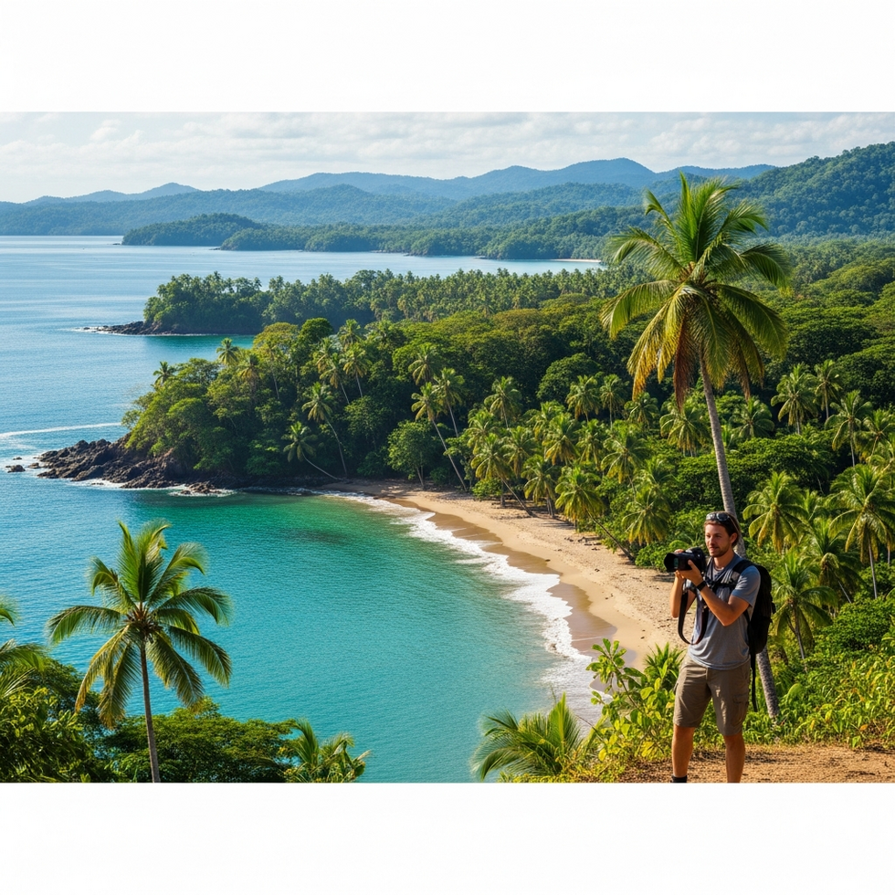 a vibrant photo of a traveler on a scenic shore in Nicaragua holding a camera with a lush landscape background