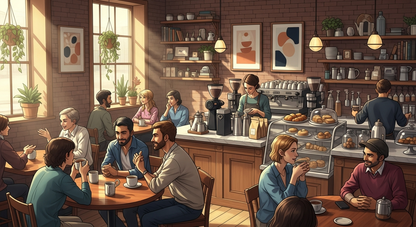 A cozy coffee shop with a diverse group of people engaged in conversation, enjoying their Sunday brews under warm lighting, fostering a sense of community.
