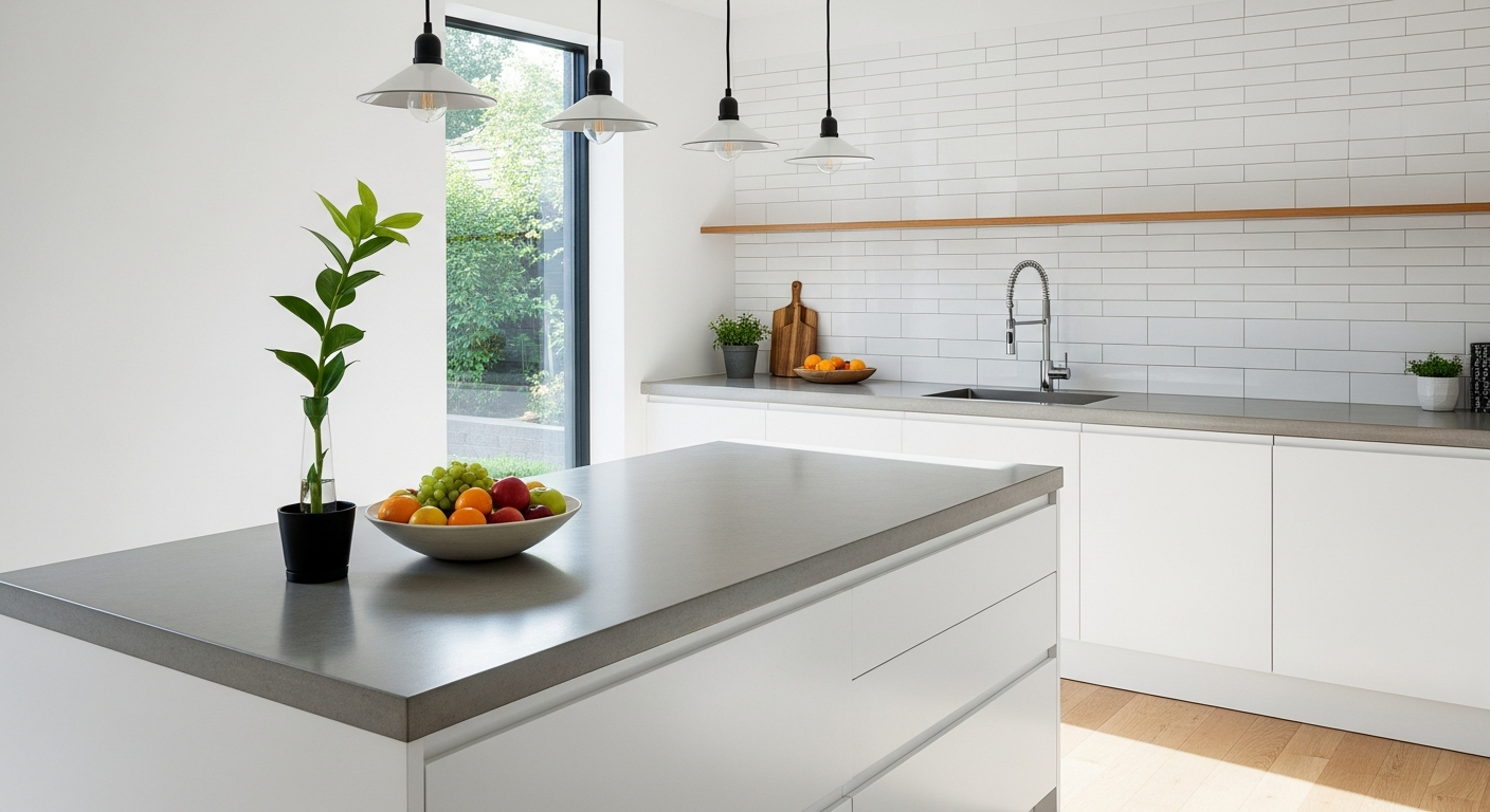 A modern, sunlit kitchen with a person carefully pouring freshly brewed coffee into a ceramic cup, surrounded by brewing equipment and a blooming houseplant, capturing a serene Sunday morning ambiance.