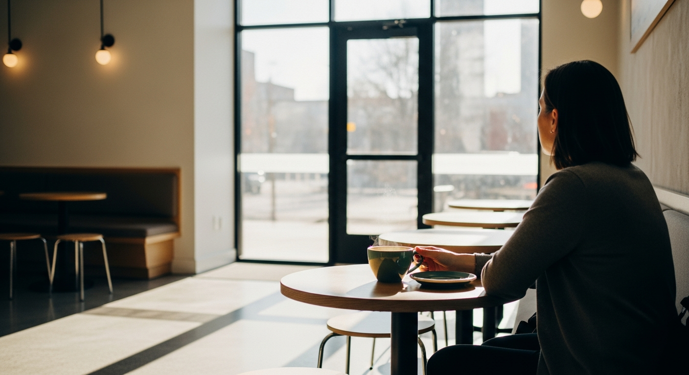 A person sitting in a modern coffee shop with a favorite mug, looking thoughtfully out a window as morning light fills the space, embodying calm and reflection.