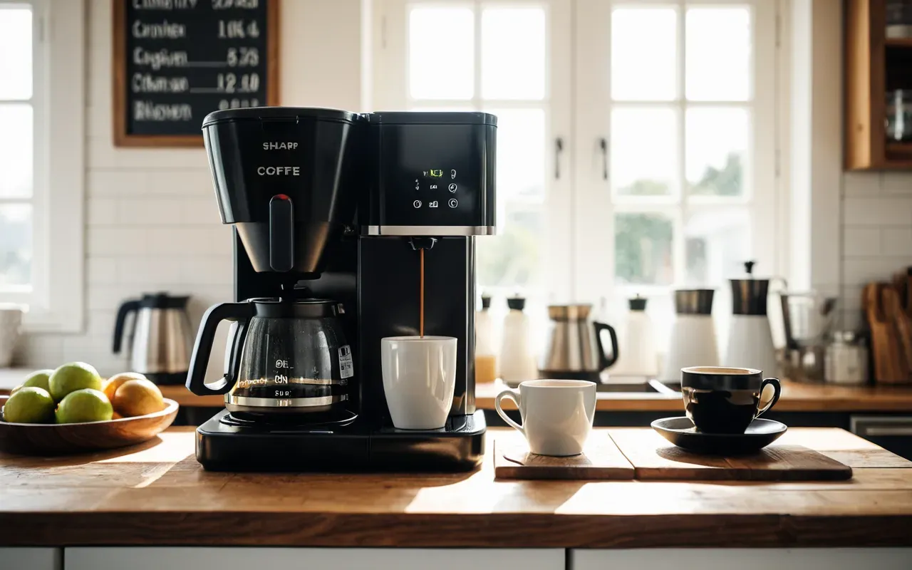 pour-over coffee A bright morning kitchen scene with sunlight streaming through a window onto a wooden countertop. A sleek pour-over coffee maker sits next to an open burlap sack spilling dark roasted coffee beans into a small ceramic bowl.