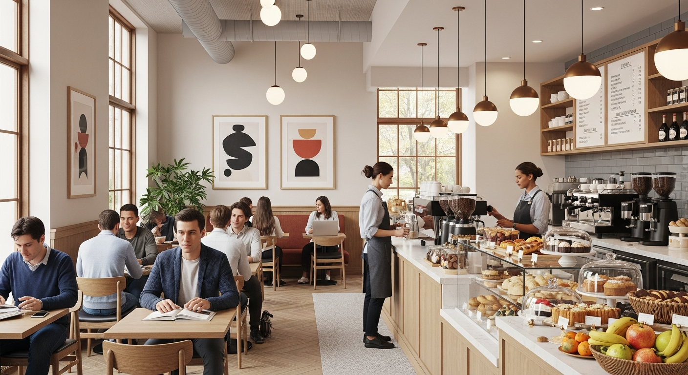 A bustling modern cafe with patrons enjoying various coffee drinks, warm lighting, and contemporary decor, capturing a lively and culturally diverse atmosphere in a creative coffee shop setting.