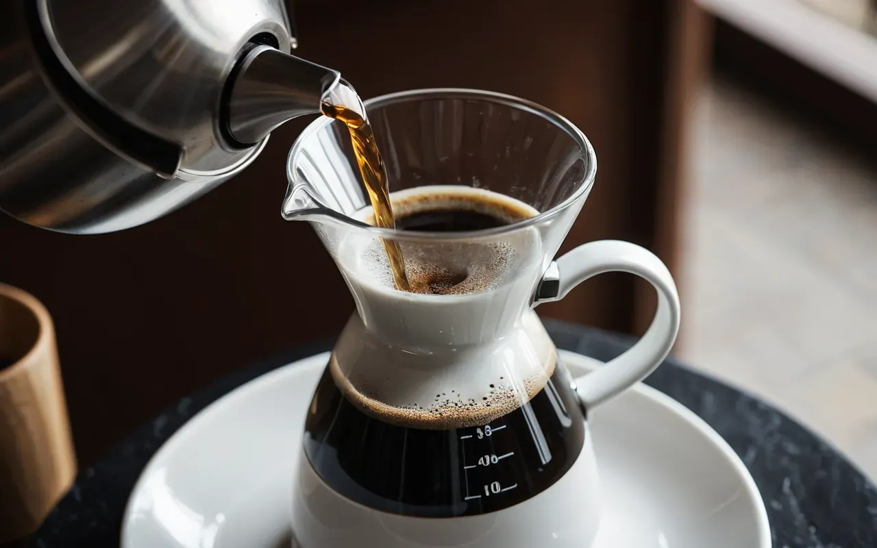 manual brewing A close-up, high-angle shot of a clear glass carafe pouring hot water slowly over coffee grounds in a white ceramic dripper. The scene is bright, clean, and focused on the liquid and grounds, evoking a sense of calm and simplicity in a modern kitchen setting.