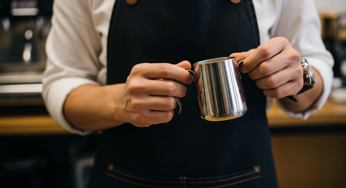 A close-up of a barista meticulously pouring hot water over a specialty coffee in a modern, cozy café with natural lighting and elegant presentation.