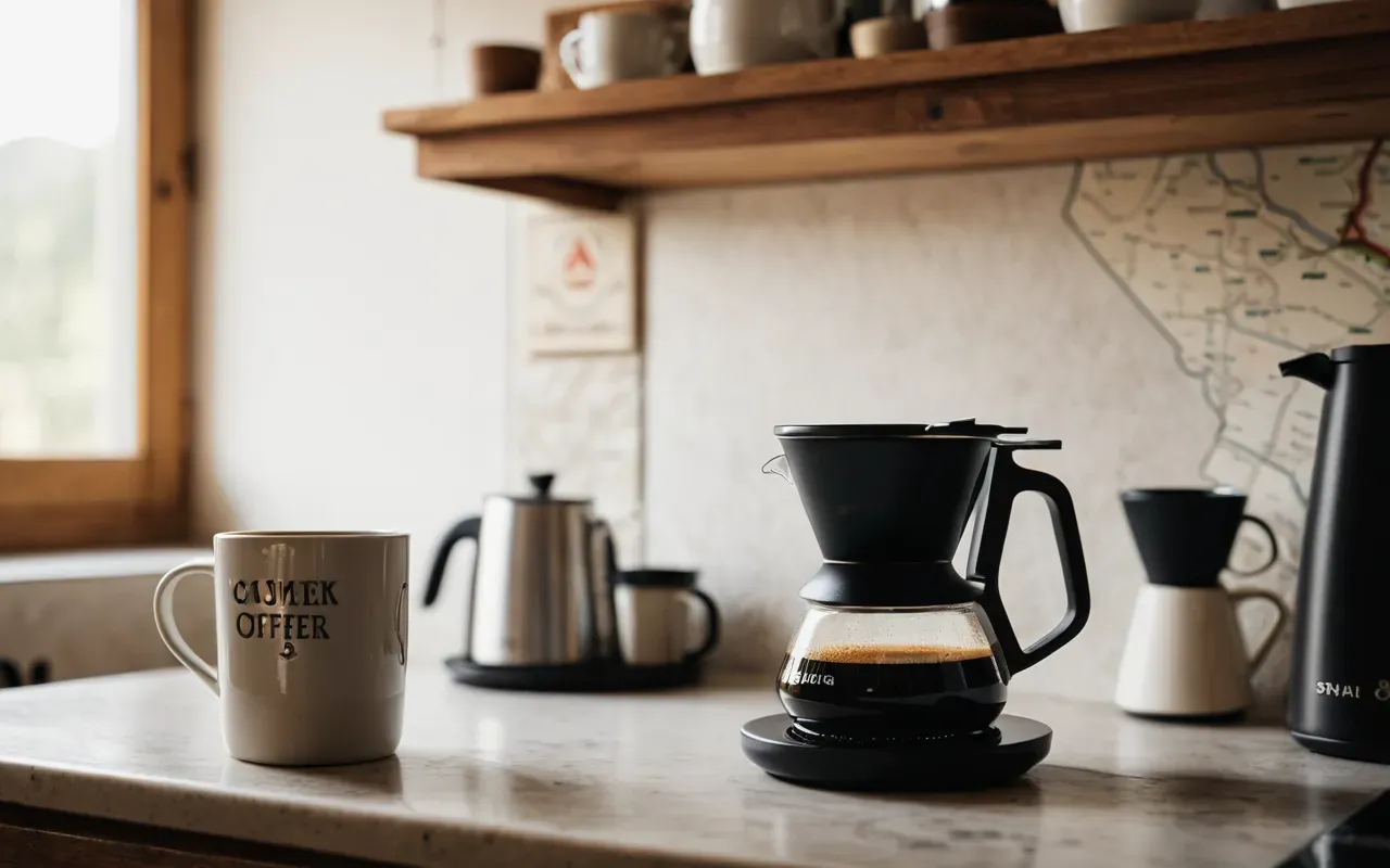 sunday coffee ritual A cozy, sunlit kitchen counter with a simple, uncluttered setup. A single ceramic mug sits next to a minimal manual coffee dripper and a small bag of beans. Soft morning light creates a calm, peaceful atmosphere without any text or branding visible.