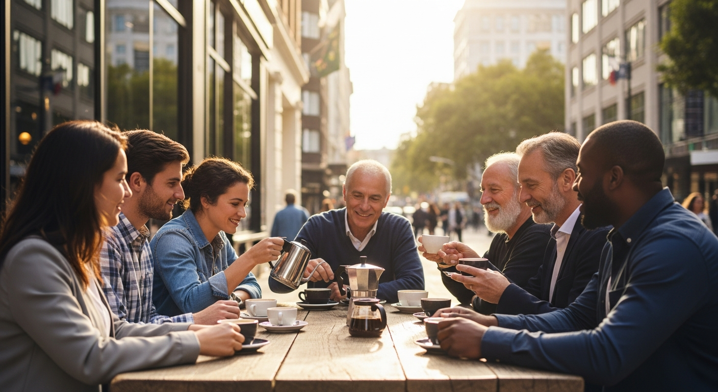 A group of diverse people sitting outdoors around a communal table, sharing coffee, with a backdrop of a vibrant city street and warm sunlight.