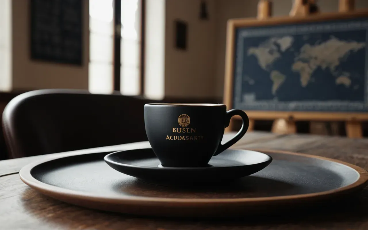 espresso cup A minimalist table setting with a dark matte espresso cup resting on a saucer. A small glass carafe of freshly brewed black coffee sits behind it under soft studio lighting.