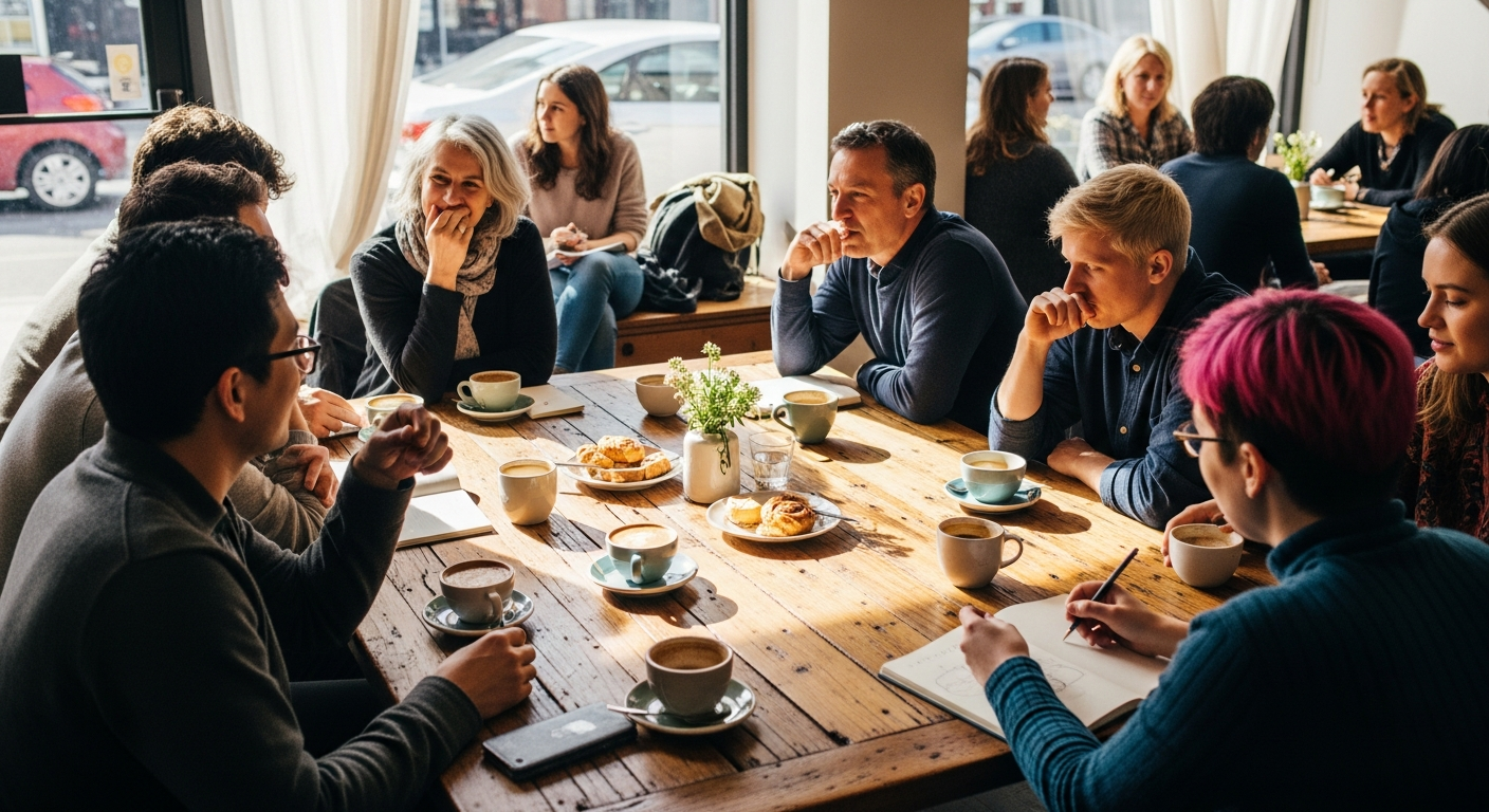 A modern, communal coffee table set in a cozy cafe with diverse people engaged in lively conversation, steaming cups, and warm lighting in an inviting atmosphere.