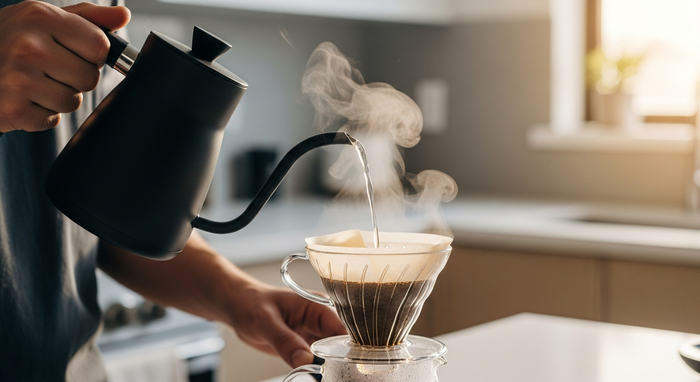 pour-over brewing A person expertly pouring hot water over coffee grounds in a modern, minimalistic kitchen, sunlight highlighting the steam, creating a calm and inviting atmosphere.