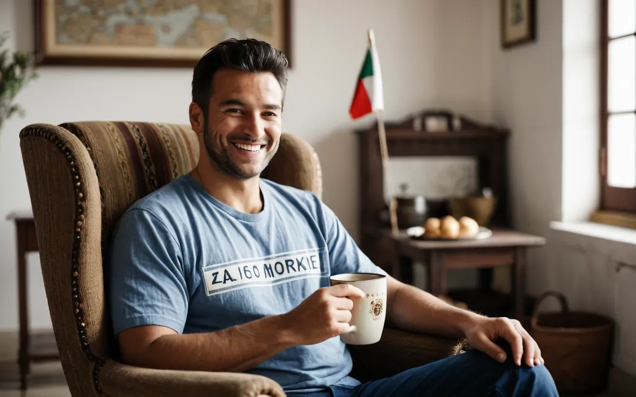 relaxing sunday morning A relaxed person sitting in a comfortable armchair in a bright, airy room, holding a ceramic mug and smiling gently. Soft natural light fills the space, creating a warm, inviting, and peaceful mood. No text, logos, or specific cultural markers are visible.