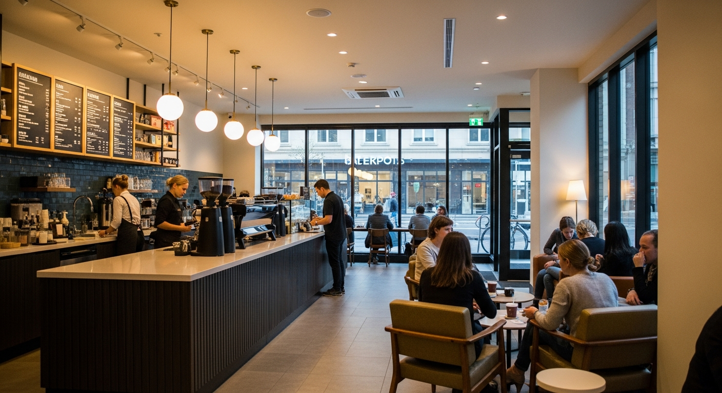 creative coffee shop A well-lit coffee shop with a barista preparing multiple brewing methods on a counter, surrounded by rows of colorful beans and brewing equipment, inviting curiosity and exploration.