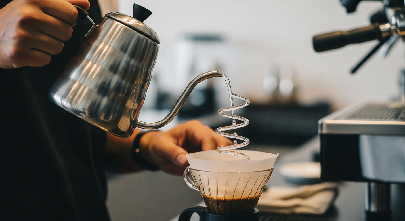Close-up of a barista carefully pouring hot water in a controlled spiral over a paper filter in a modern, minimalist coffee station with natural light and sleek ceramic ware