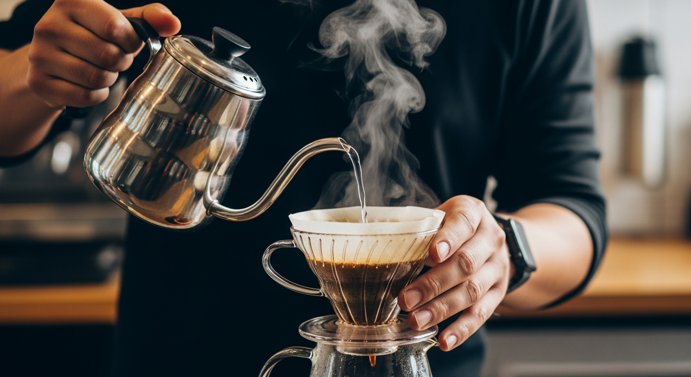 Close-up of a barista carefully pouring hot water over a pour-over coffee, with a focus on the precise technique and vibrant coffee aroma filling the air in a stylish café.