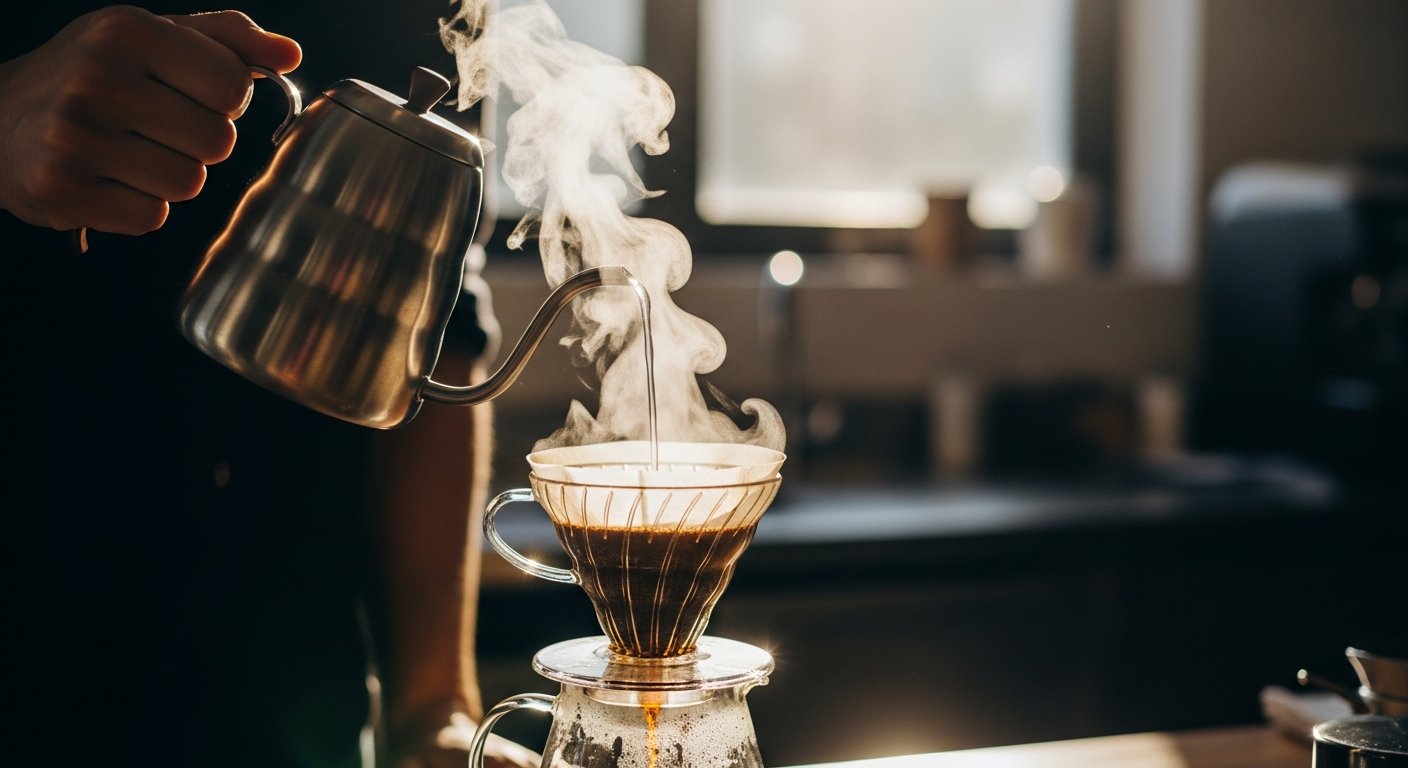 Close-up of a barista preparing a pour-over coffee in a modern kitchen, natural light highlighting boiling water drizzling over freshly ground beans, creating a calming atmosphere