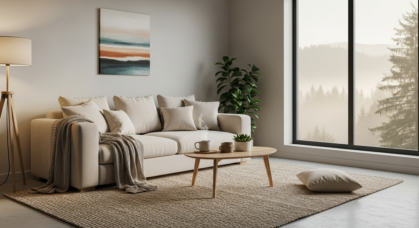 Interior of a cozy modern kitchen with wooden shelves, a collection of coffee beans, and a freshly brewed cup of coffee on a rustic wooden table, soft natural daylight setting a warm mood