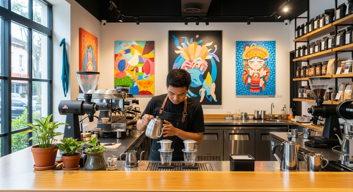 Interior view of a modern coffee shop featuring a baristas preparing Vietnamese-style coffee with a metal drip filter, surrounded by vibrant decor and relaxed patrons enjoying their Sunday mornings.