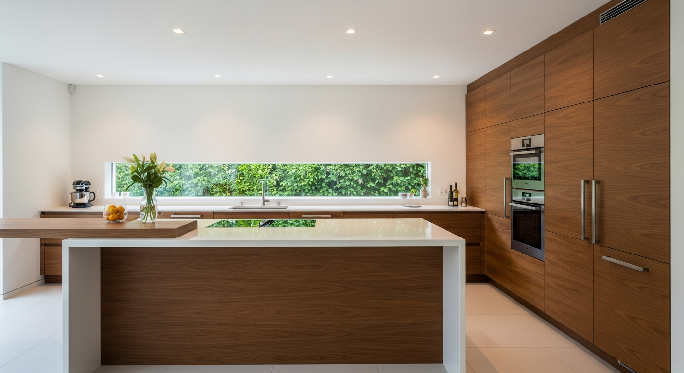 Modern, minimalist kitchen with quality coffee gear on display, natural daylight, and a steaming pour-over on a wooden tray, capturing a serene weekend morning scene