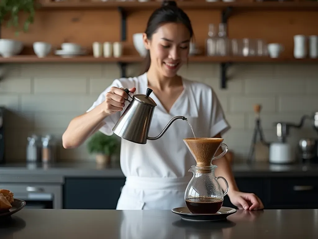 A barista in a white apron pouring hot water from a gooseneck kettle into a glass dripper on a stainless steel counter with blurred background shelves and no visible words.