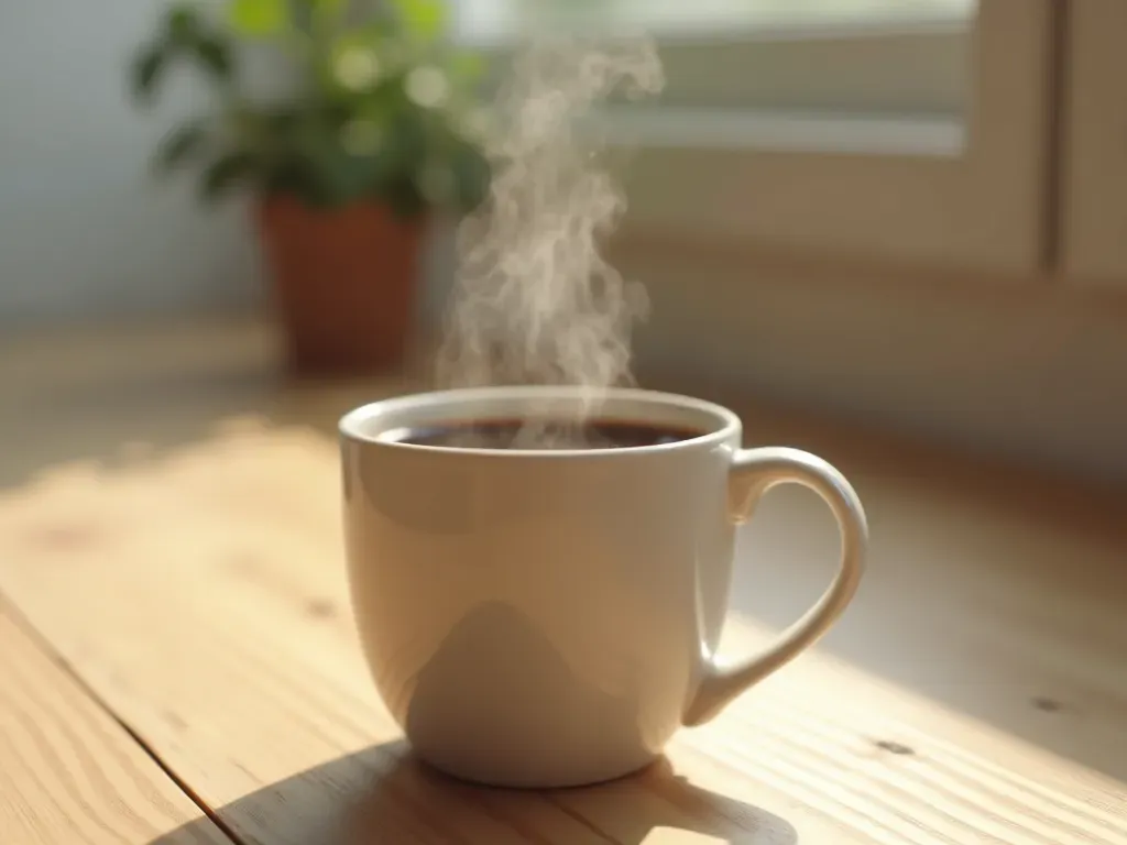 A close-up of a ceramic mug filled with steaming dark coffee on a light wooden table, soft morning light casting gentle shadows, clean minimalist background, photorealistic style
