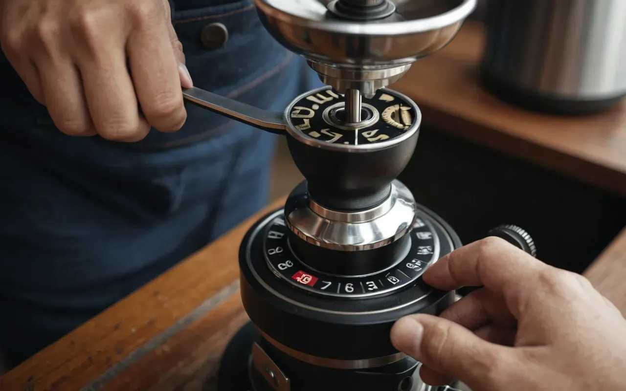 manual coffee grinding process A close-up of a hand adjusting the dial on a modern manual coffee grinder with steel gears and wooden accents.
