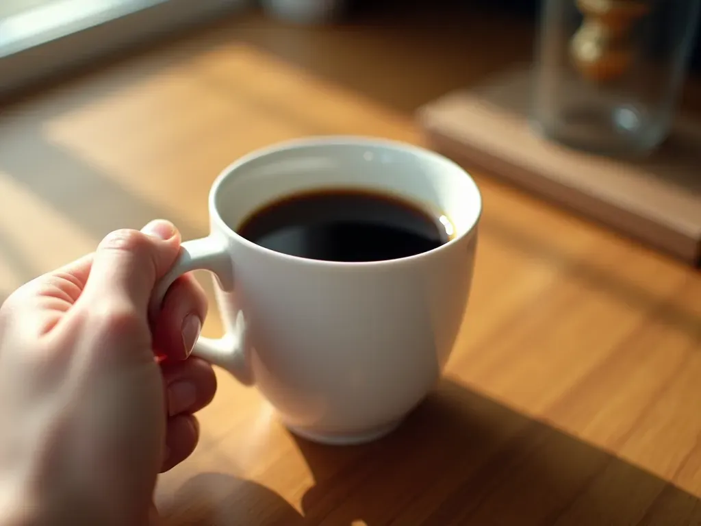 A close-up of a hand holding a white ceramic mug filled with black coffee on a wooden table in bright morning light.