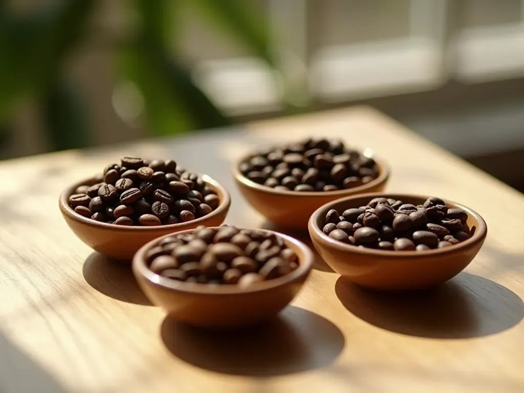 A close up of four different types of roasted coffee beans in small ceramic bowls on a light wooden table with soft morning sunlight casting long shadows and no text visible.