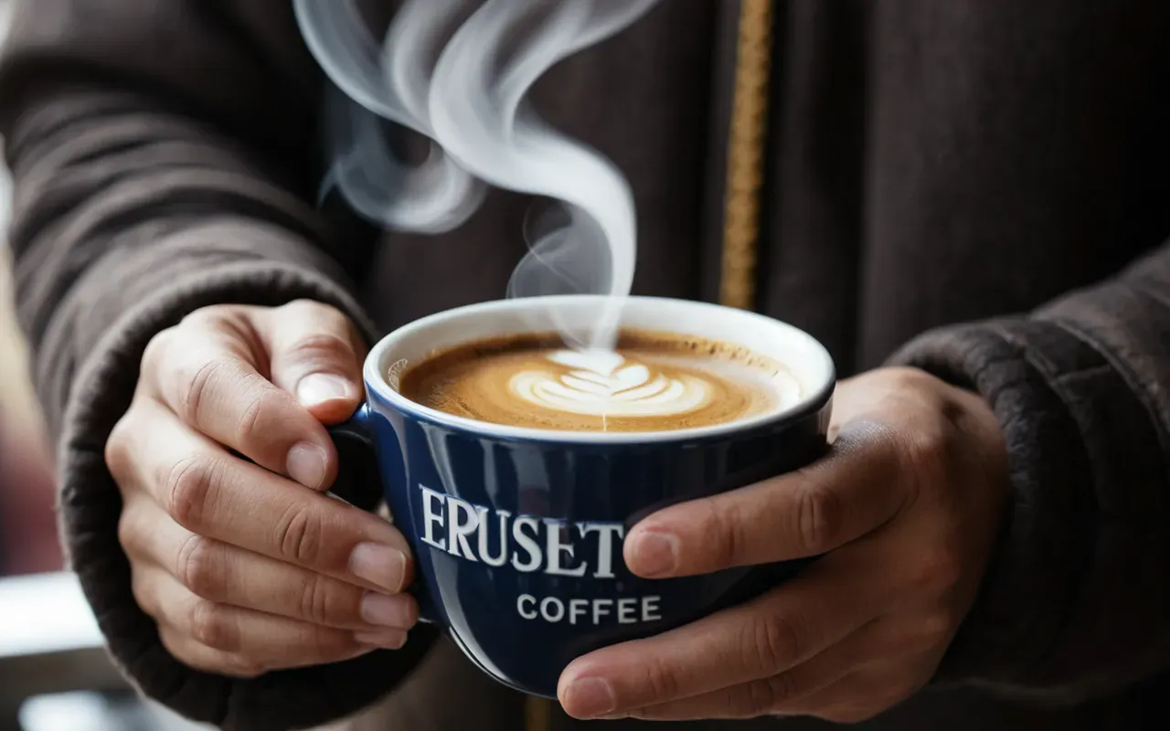 A close up of hands holding a steaming cup of coffee against a blurred background. The focus is on the warmth and comfort of the drink.
