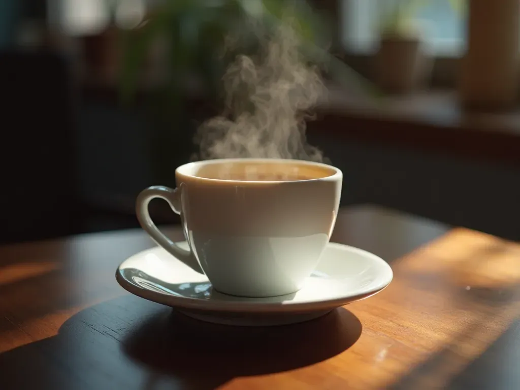 A close-up photo of a white ceramic coffee cup sitting on a dark wooden table with soft natural light highlighting the steam rising from the hot liquid.